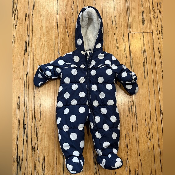 Snowsuit Polka Dot Navy with ruffle detail and ears on hood - Picture 1 of 9
